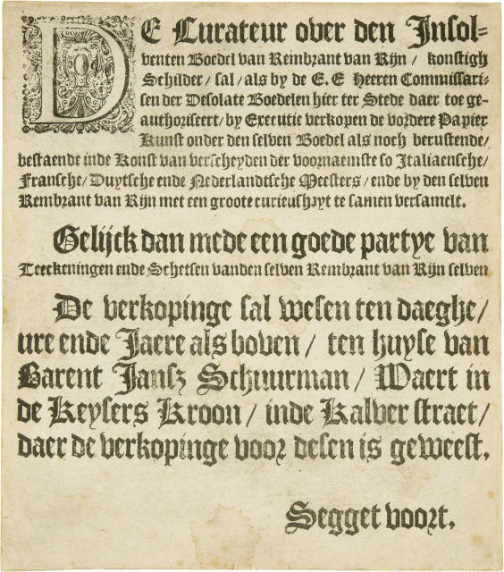 Rembrandt-Kreis um 1650  : Anzeige von der Auktion von Rembrandts  ..., 1658 
