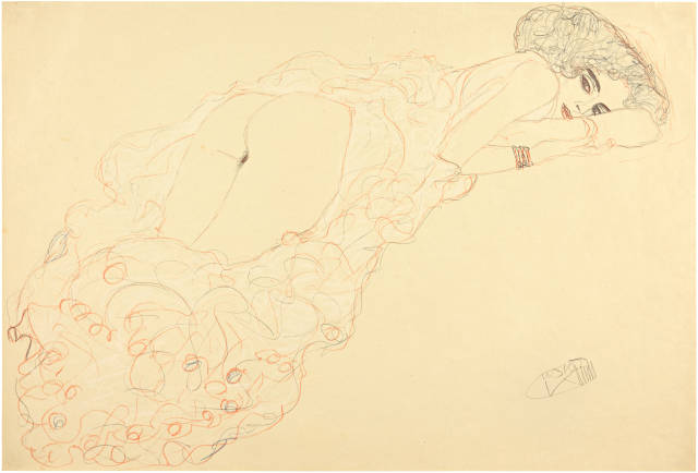 Gustav Klimt : Auf dem Bauch liegender Akt nach rechts, 1910