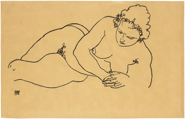 Egon Schiele : Liegender Mädchenakt nach rechts, Kniestü..., 1918