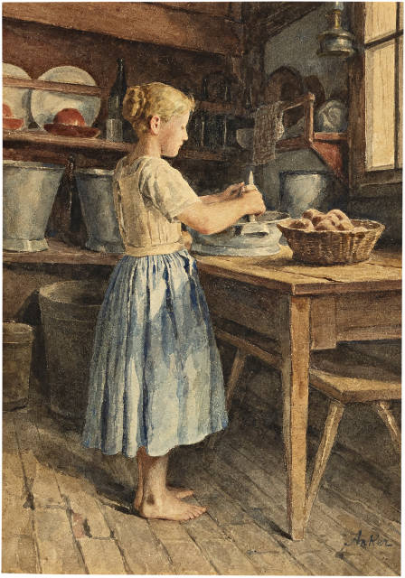 Albert Anker  : Kartoffelschälendes Mädchen , Circa 1907