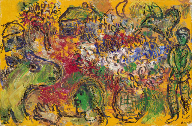 Marc Chagall : Rencontre sur fond orange, Circa 1978