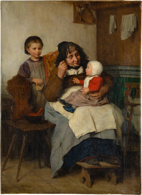 Albert Anker : Grossmutter, ihrem Enkelkind die Suppe ..., 1868