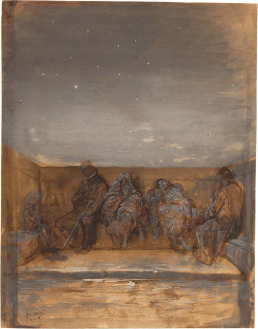 Gustave Doré : Le pont de Londres la nuit, sans-abri de ..., 1870