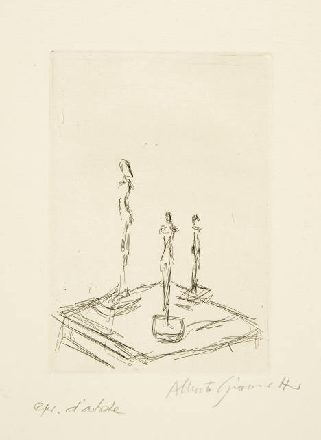 Alberto Giacometti : Trois figurines sur une sellette III, 1956