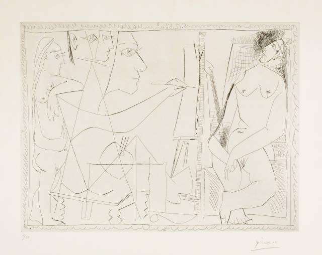 Pablo Picasso : Peintre et modèle, avec une spectatrice, Mougins, 5 December 1963