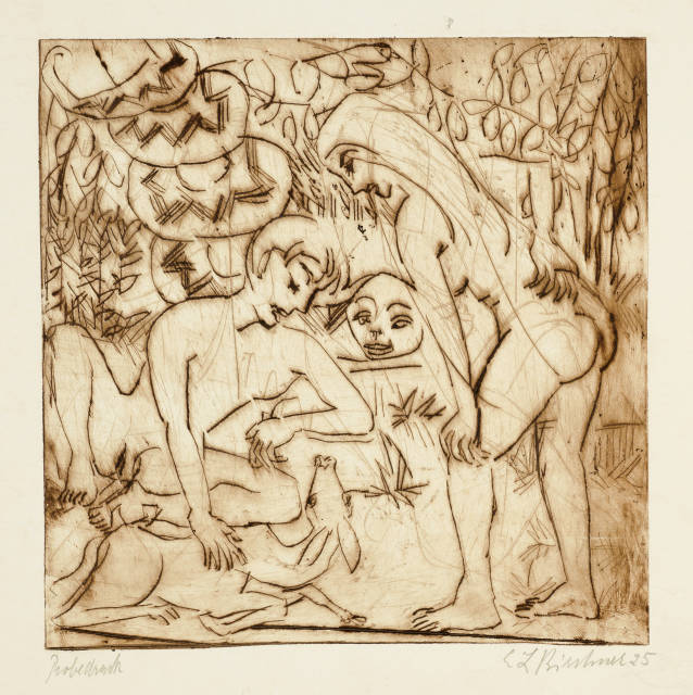 Ernst Ludwig Kirchner : Adam und Eva mit Schlange und liegendem Reh, 1925
