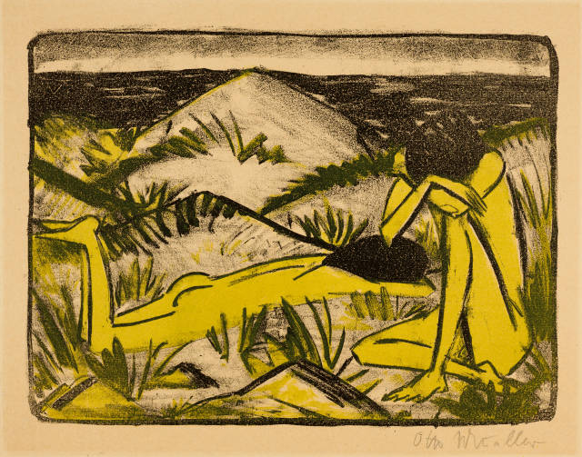 Otto Mueller : Ein in Dünen sitzendes und ein liegendes Mä..., 1920