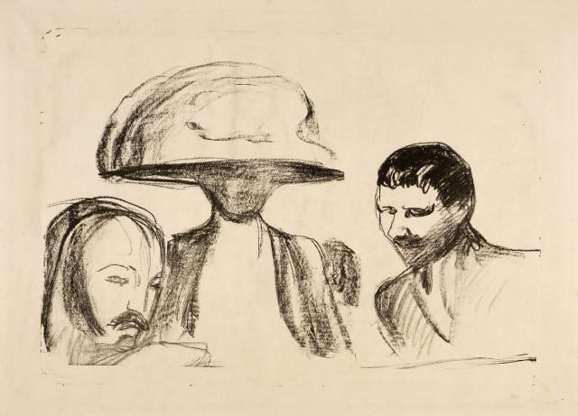 Edvard Munch : Zwei Männer und Frau im grossen Hut - Two ..., 1914-1915