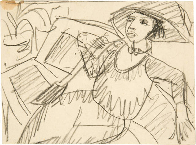 Ernst Ludwig Kirchner : Frau in grossem Hut in Gartencafé, 1912-1914