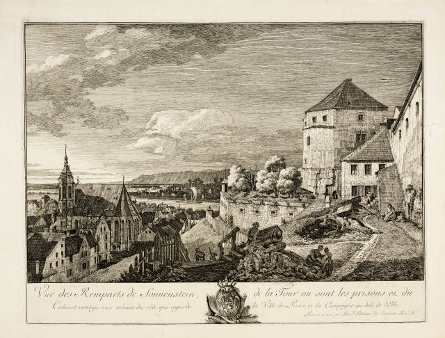 Bernardo Bellotto, detto il Canaletto : Vue des remparts de Sonnenstein de la Tour o�..., Circa 1760-1765