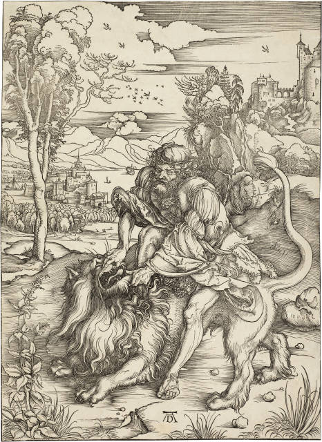Albrecht Dürer : Samson tötet den Löwen, Circa 1497/1498