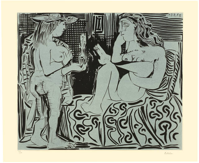 Pablo Picasso  : Deux femmes avec un vase à fleurs , Cannes, 27. September 1959 