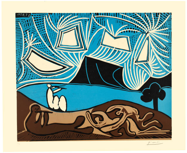 Pablo Picasso  : Couple et flûtistes au bord d'un lac , Cannes, 25. November 1959 