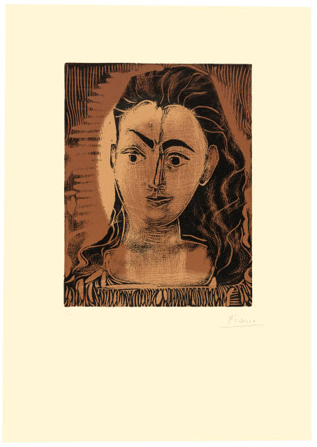 Pablo Picasso  : Portrait de Jacqueline en robe imprimée , Mougins, 15. Februar und 7. März 1962 