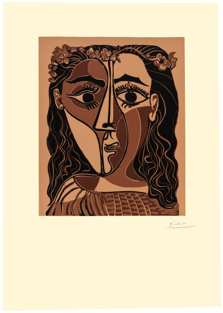 Pablo Picasso  : Petite tête de femme couronnée de fleurs , Mougins, 20. Februar 1962 