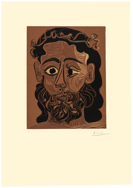 Pablo Picasso  : Homme barbu couronné de feuilles de vigne , Mougins, 2. März 1962 