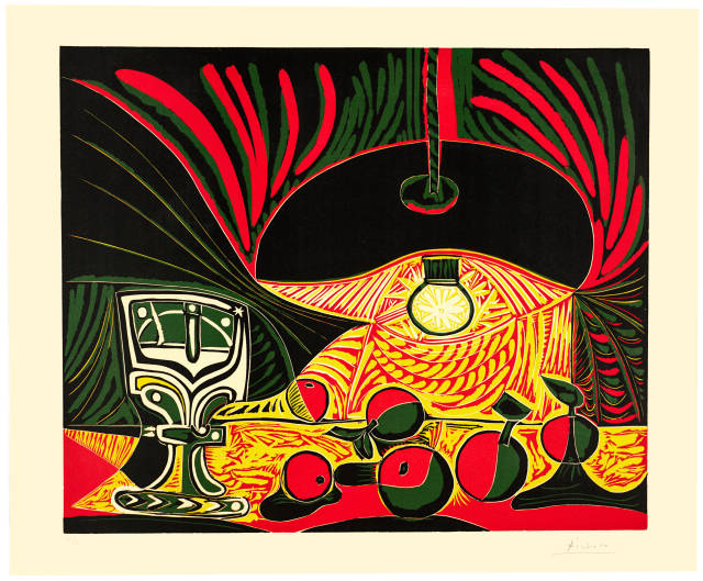 Pablo Picasso  : Nature morte au verre sous la lampe , Mougins, 19. März 1962 
