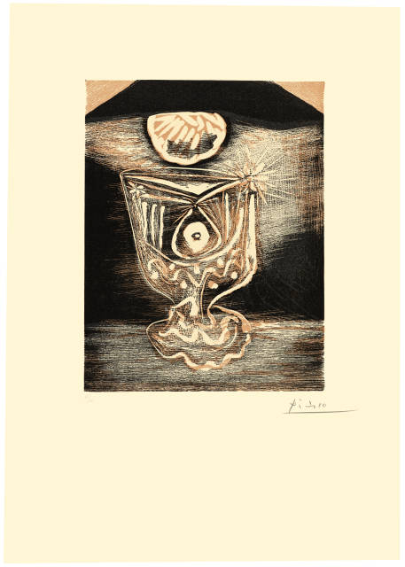 Pablo Picasso  : Le verre sous la lampe , Mougins, wohl Ende März 1962 