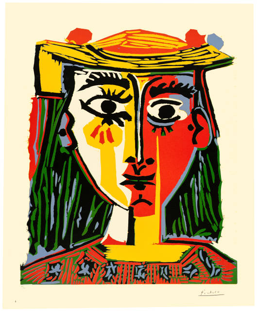 Pablo Picasso  : Portrait de femme au chapeau à pompons et  ..., Mougins, wohl zwischen Januar und März 1962 