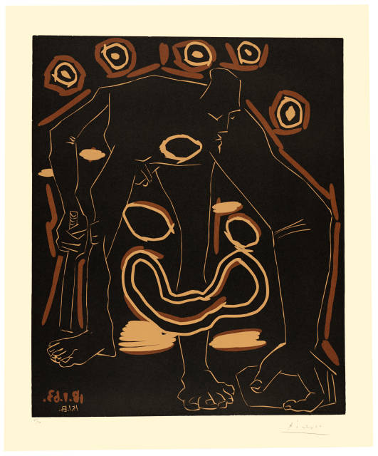 Pablo Picasso  : Homme au bâton (Le vieux bouffon, troisiè ..., Zustand). Mougins, 15. und 18. Januar 1963 