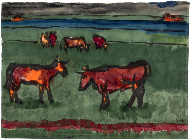 Emil Nolde : Marschlandschaft mit weidenden Kühen, Circa 1920