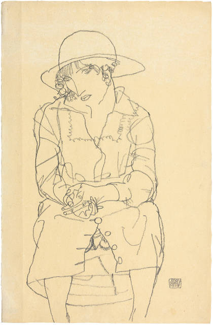 Egon Schiele : Frontansicht eines sitzenden Mädchens mit ..., 1914