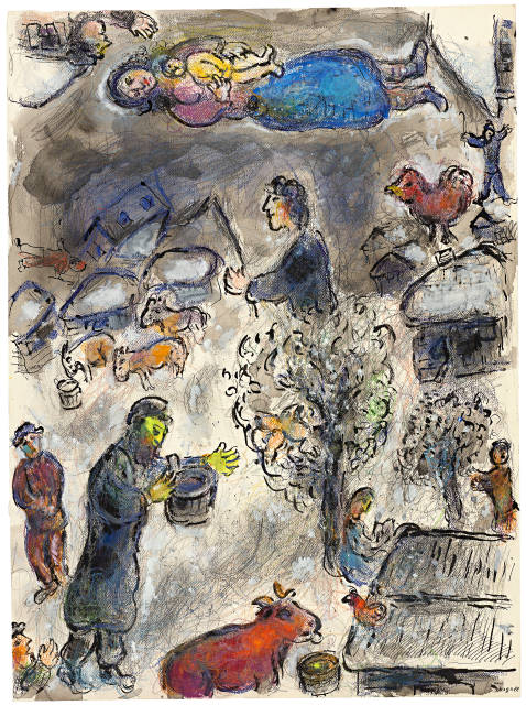 Marc Chagall : Scène de village enneigé autour de l'homme ..., 1976