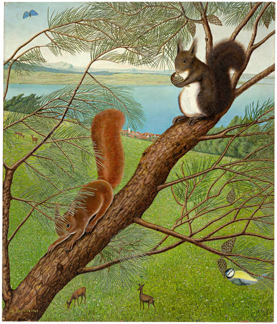 Adolf Dietrich : Zwei Eichhörnchen mit zwei Rehen, 1949