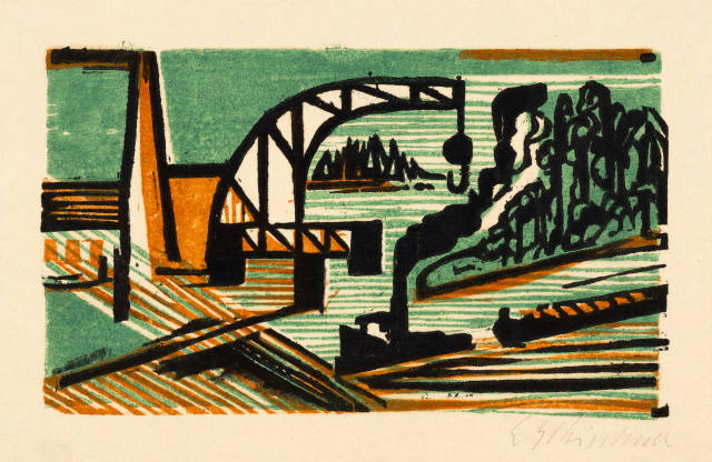 Ernst Ludwig Kirchner : Flusslandschaft mit Kran und Schleppzug (..., 1927 