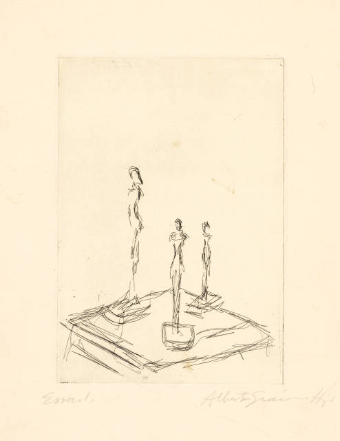 Alberto Giacometti : Trois figurines sur une sellette III, 1956 