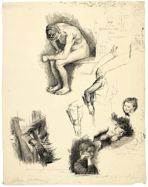 Käthe Kollwitz : Studienblatt mit Skizzen nach Rubens und ..., Circa 1888/1889