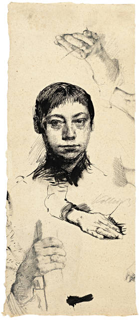 Käthe Kollwitz : Selbstbildnis mit drei Handstudien, 1891
