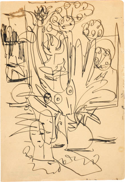 Ernst Ludwig Kirchner : Blumendolden mit Zeitung und Skulpturen, 1930-1932 
