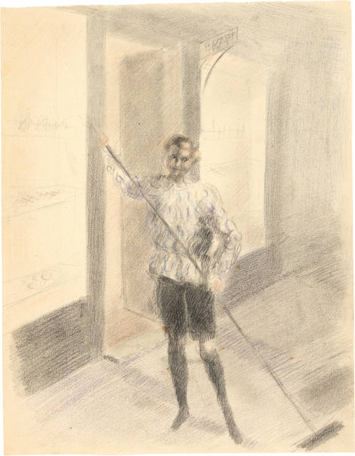 Otto Meyer-Amden : Knabe mit Besen vor Ladeneingang, Um 1930 