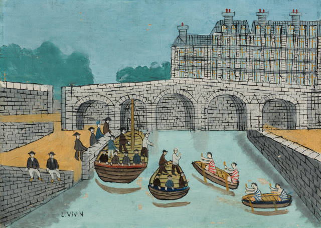 Louis Vivin : Canal avec viaduc et quatre bateaux, 1892