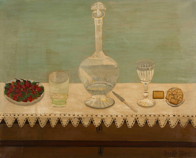 Léon Greffe : Nature morte avec fraises, carafe et verres,  