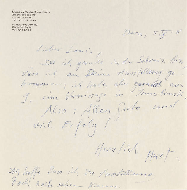 Meret Oppenheim : Brief an Louis Conne, datiert 'Bern, 5.IV.[5]..., 1958 