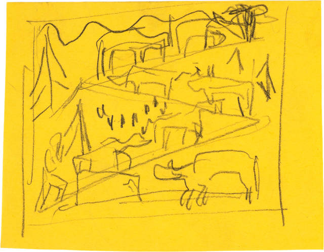 Ernst Ludwig Kirchner : Ideenskizze für ein Kissen 'Alpaufzug', circa 1919-1920