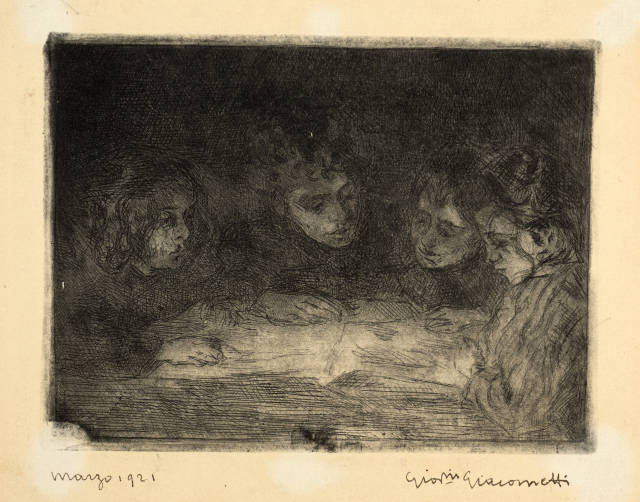 Giovanni Giacometti : Alberto, Diego, Ottilia und Bruno beim Lesen, Um 1912 