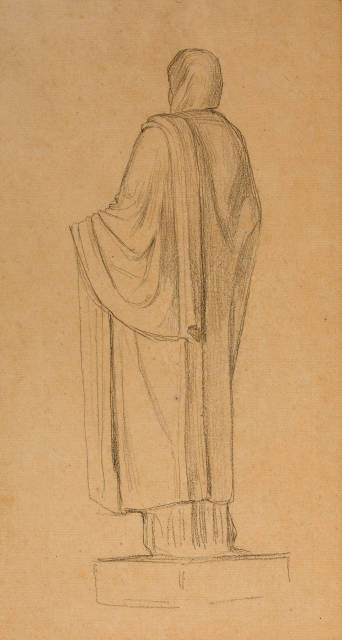 Albert Anker : Studie einer Figur mit Umhang auf Sockel, Um 1850 